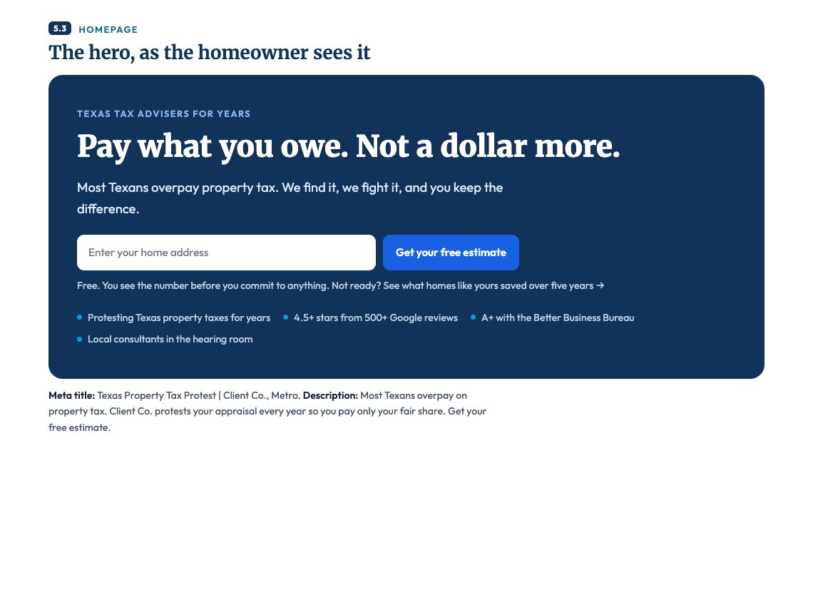 Sample homepage hero from a growth blueprint