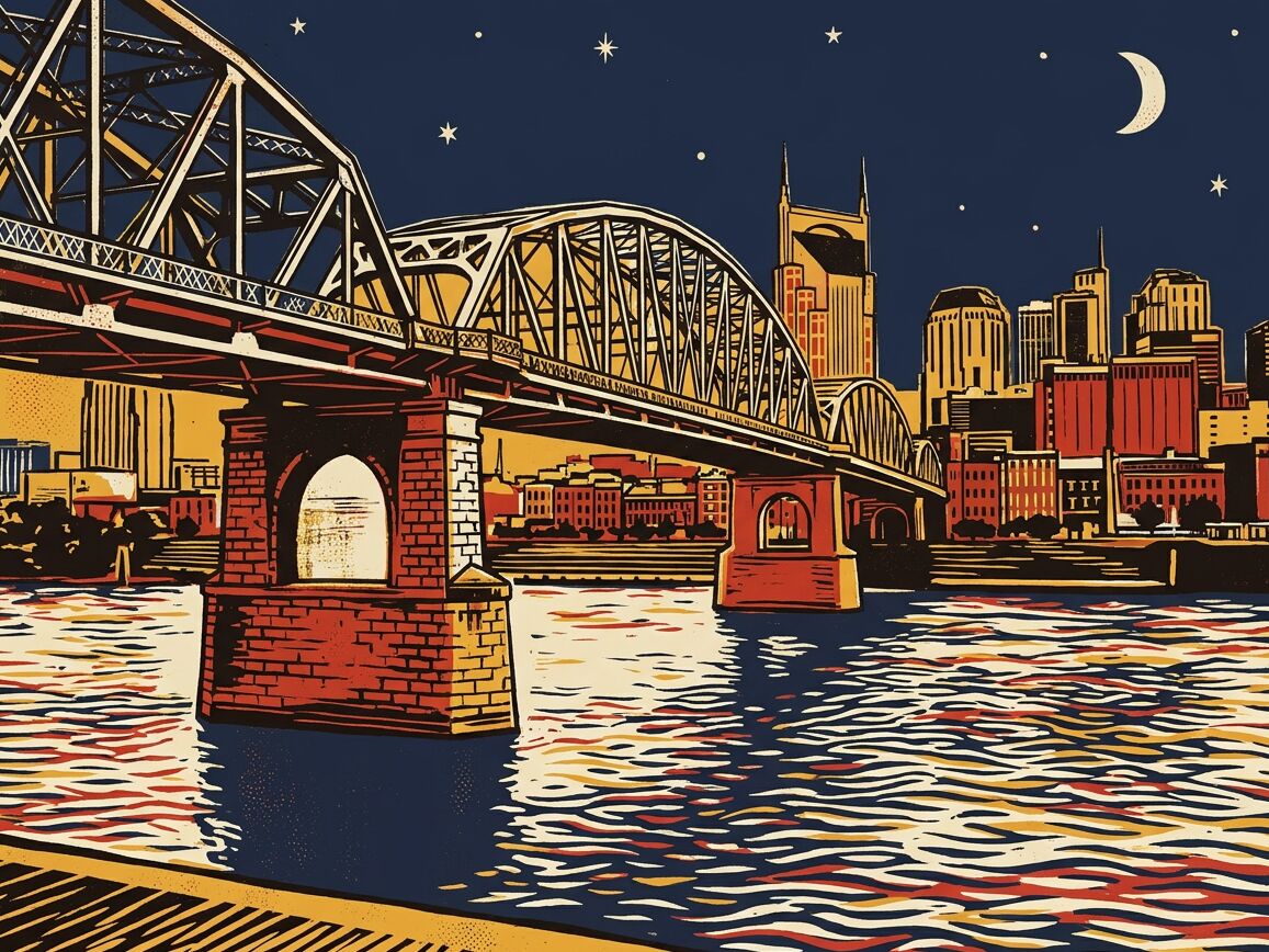 Letterpress illustration of the Shelby Street pedestrian bridge over the Cumberland River