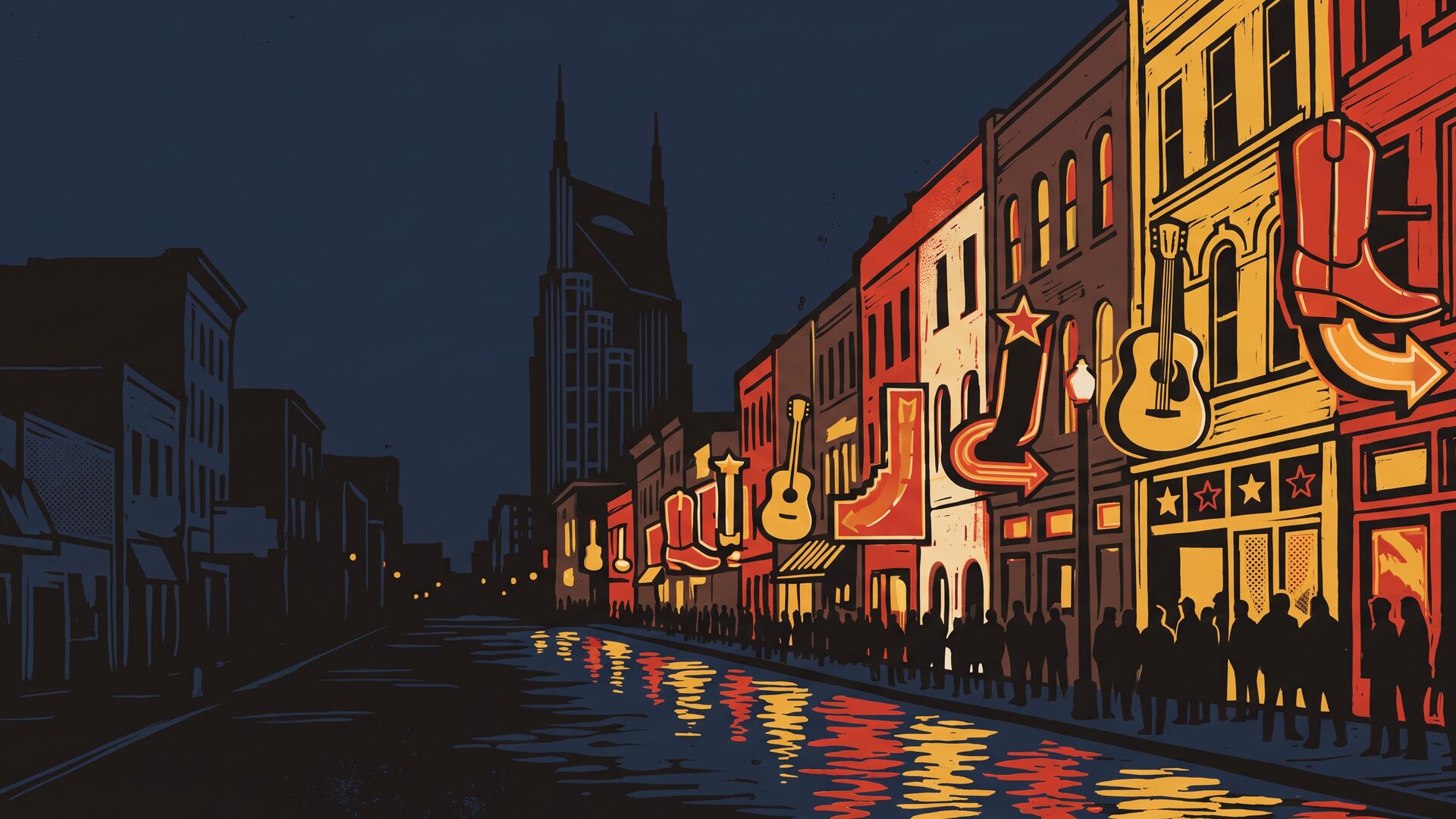 Letterpress illustration of Lower Broadway in Nashville at night