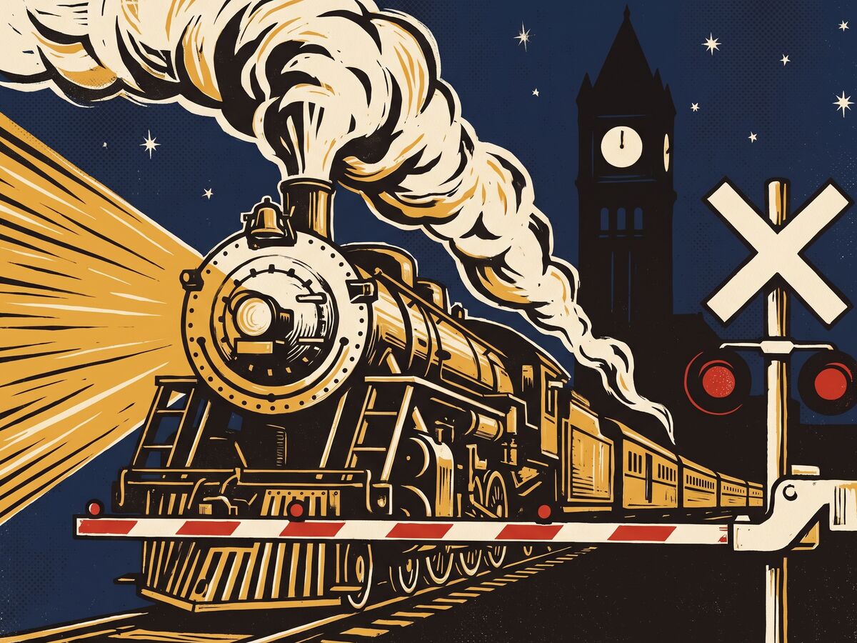 Letterpress illustration of a steam locomotive charging through a Nashville railroad crossing at night