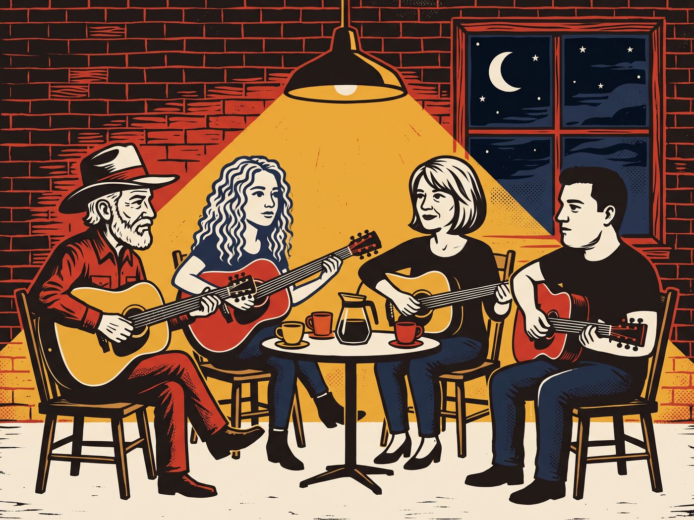 Letterpress illustration of four songwriters playing guitars in the round