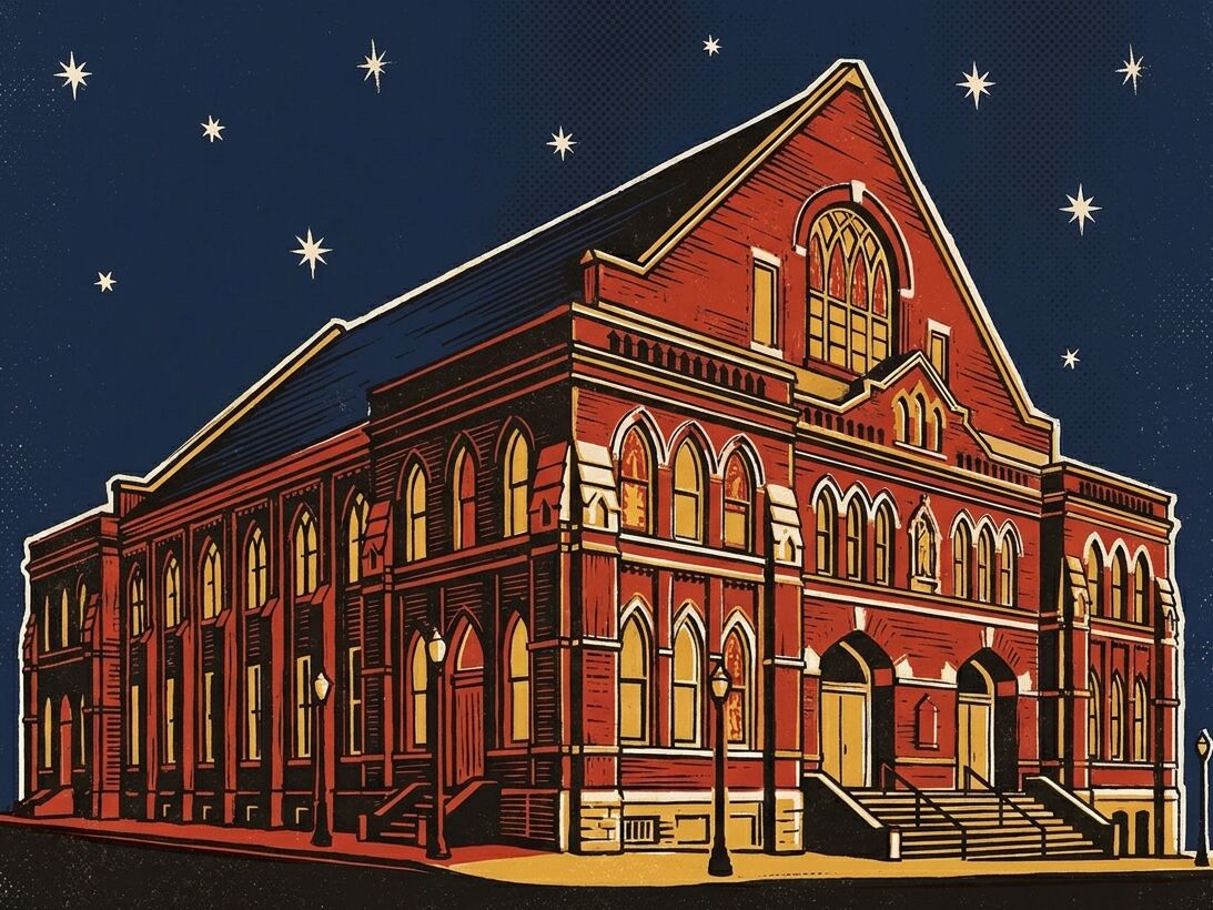 Letterpress illustration of the Ryman Auditorium