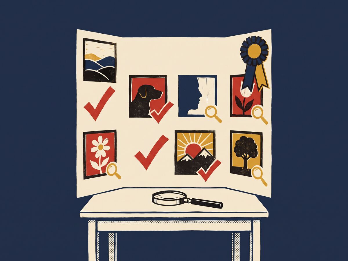 Letterpress illustration of a science fair poster board covered in photo squares