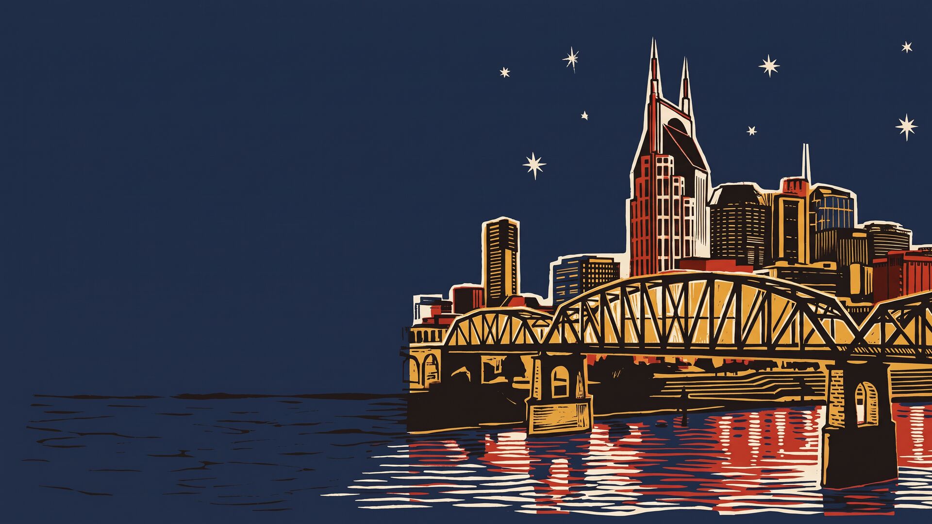 Letterpress illustration of the Nashville skyline at night across the Cumberland River