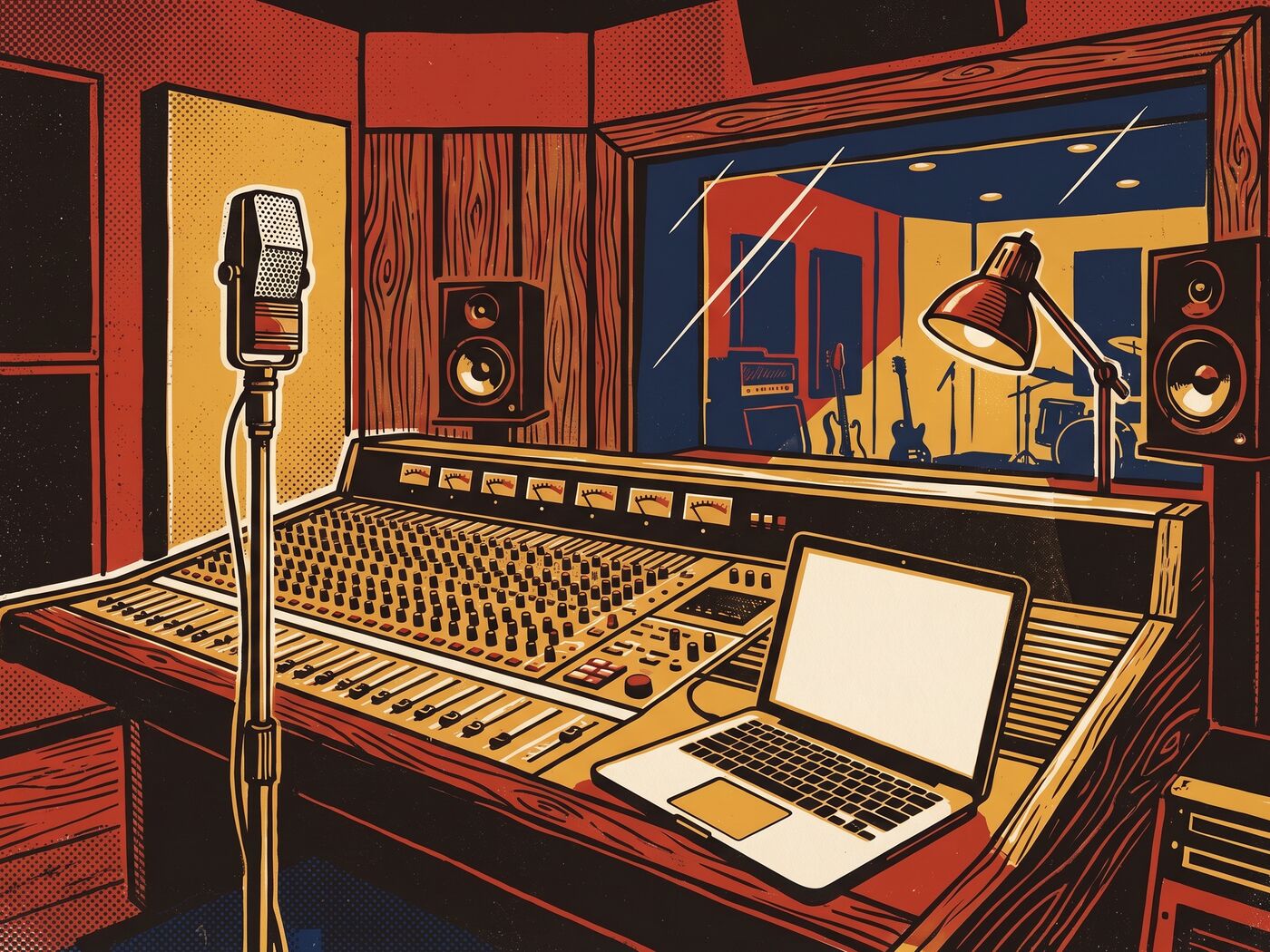 Letterpress illustration of a Music Row recording studio desk with a microphone and laptop